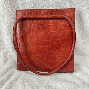 Vtg Amankai Women's Red Orange Alligator Leather Tote Shoulder Bag Purse Large